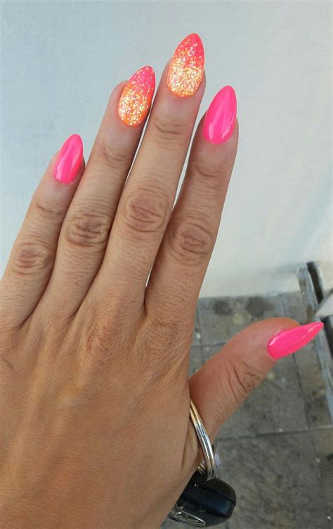 Almond Nails Pink And Orange Sparkle Orange Acrylic Nails Almond
