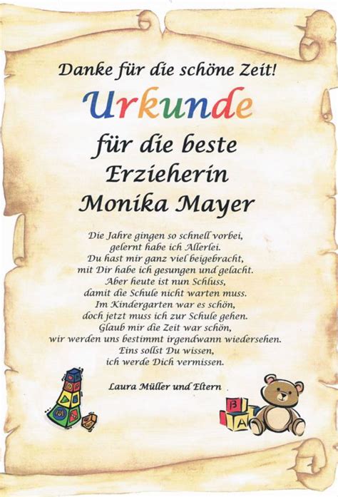 URKUNDE ABSCHIED KINDERGARTEN ERZIEHERIN DANKSAGUNG ...
