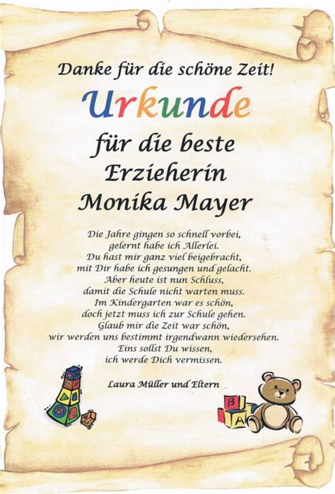 Kostenlose vorlagen & muster 2020. URKUNDE ABSCHIED KINDERGARTEN ERZIEHERIN DANKSAGUNG ...