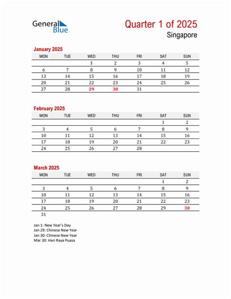Three Month Calendar For Singapore Q1 Of 2025