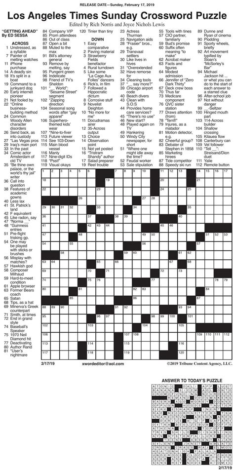 Los Angeles Times Sunday Crossword Puzzle Features Printable La Times