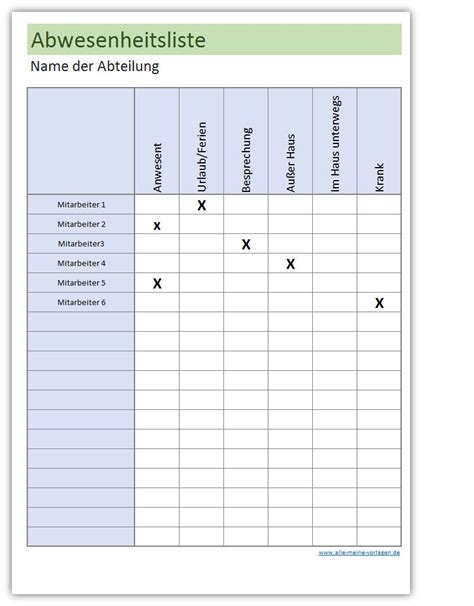 So hast du alle wichtigen nummern auf einem zettel. Abwesenheitsliste - Anwesenheitsliste | Alle-meine-Vorlagen.de