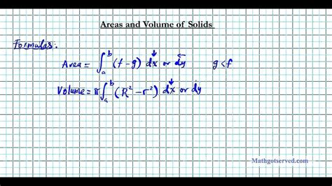 Formulas Area Between Curves Volume Of Solid Of Revolution Youtube