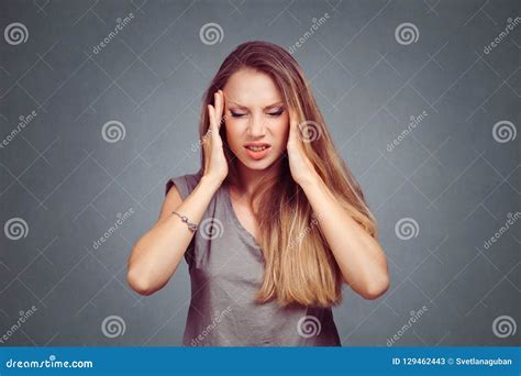Stressed Exhausted Woman Having Strong Tension Headache Stock Image