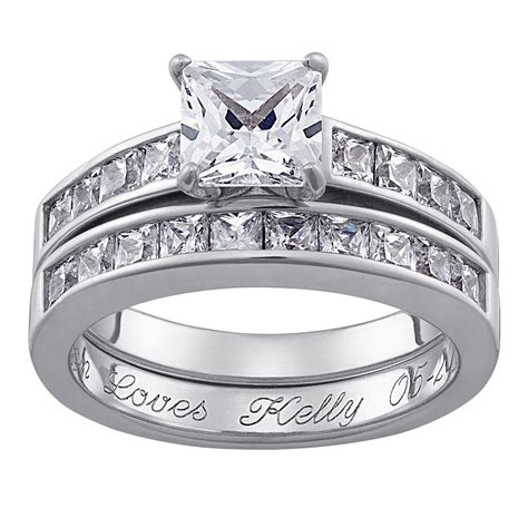 Sterling Silver Square Cz 2 Pc Engraved Wedding Ring Set