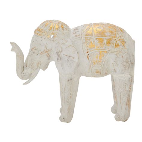 Decmode 13w X 11h In Distressed White And Gold Carved Wood Elephant