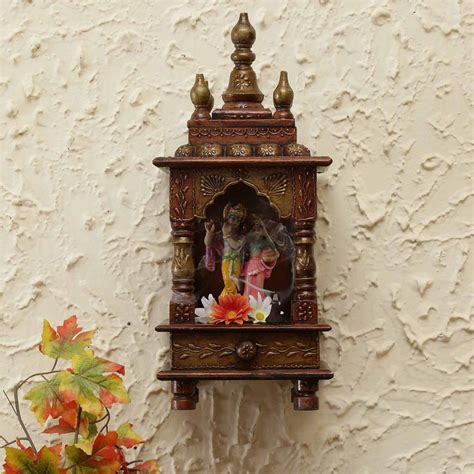 Buy Wooden Wall Mounted Mandir In Brass Finish Online In India Wooden