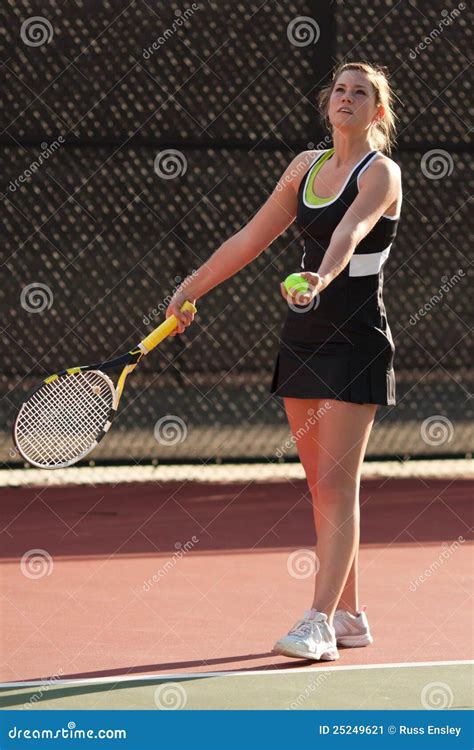 Female Tennis Player Prepares To Serve In Match Stock Image Image