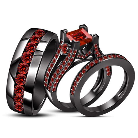 Trio Wedding Ring Set Princess Cut Red Garnet 14k Black Gold Plated 925