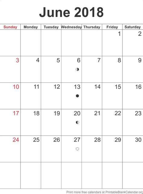 Calendar Template June 2018 Printable Blank