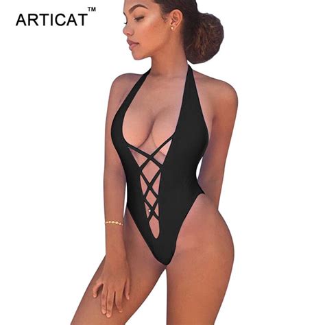 Articat Summer Sexy Halter Cross Bandage Bodysuit Women V Neck