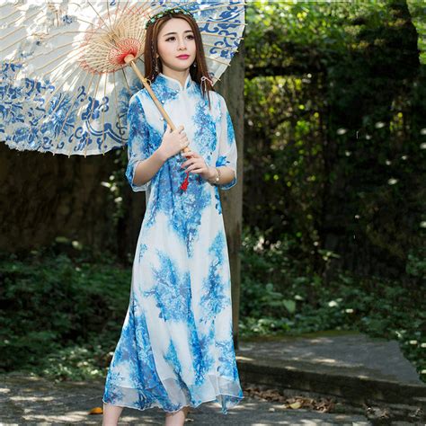 Nature Color Print Maxi Dress Summer New Chinese Style