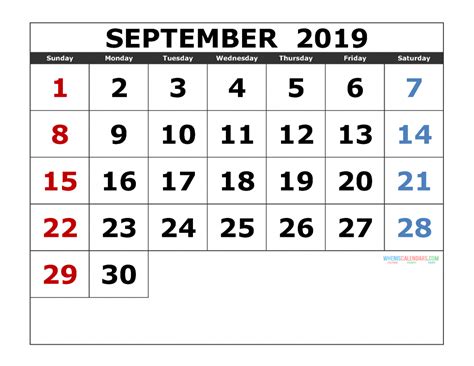 September 2019 Printable Calendar Templates 2019 Monthly Calendar