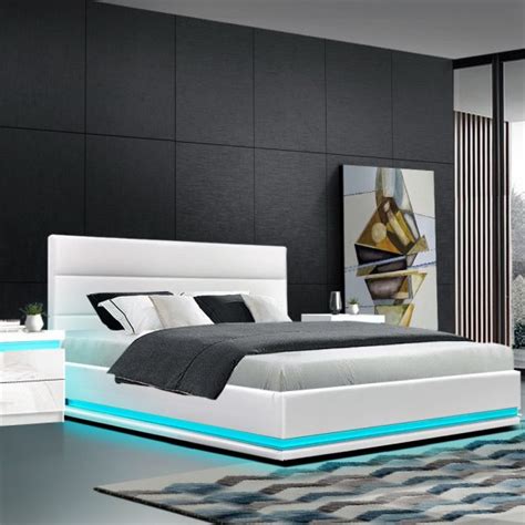 Artiss Rgb Led Bed Frame Double Full Size Gas Lift Base Storage White Leather Lumi Mattressbrand