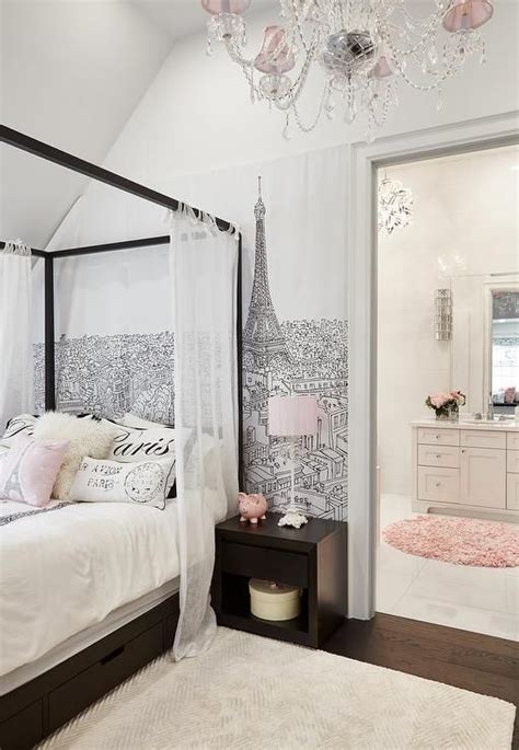 black  white paris wallpaper  canopy bed paris decor bedroom