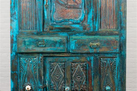 Indian 19th Century Royal Teal Painted Cabinet With Carved Doors And