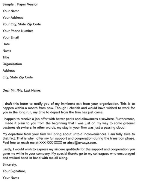 Sample Resignation Letter Due To Dream Job Offer And Examples