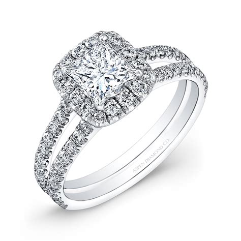 Princess Cut Diamond Halo Engagement Ring In 18k White Gold Bridal