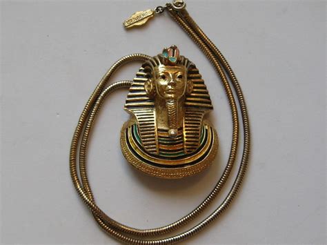 Vintage Eisenberg Egyptian King Tut Enamel Revival Brass Necklace From