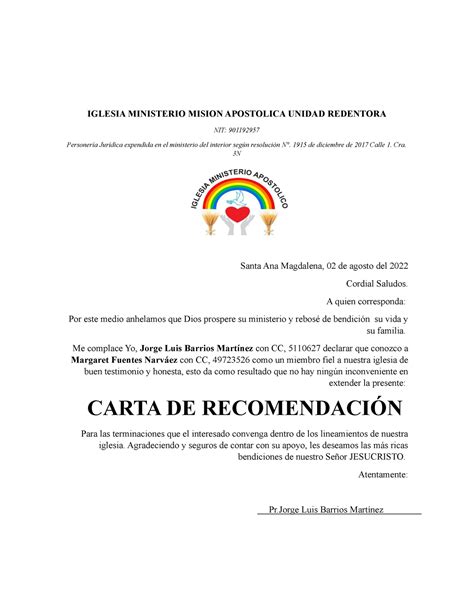 Carta De Recomendacion Iglesia Ministerio Mision Apostolica Unidad