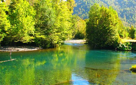 Landscape Nature Chile River Forest Emerald Water Mountains Trees Green