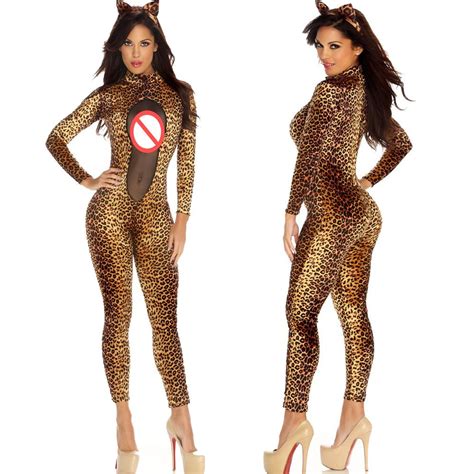 Sexy Women Mesh Catsuit Leopard Bodycon Slim Jumpsuit Catwoman Bodysuit Halloween Cat Theme