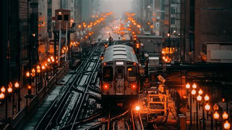 Download Wallpaper 2048x1152 Train Railroad Rails City Fog