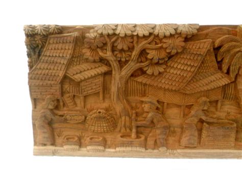 Wood Carving Old Thai Village Life Culture Hand Carved Wood Natural Teak Wood Home Wall Hanging