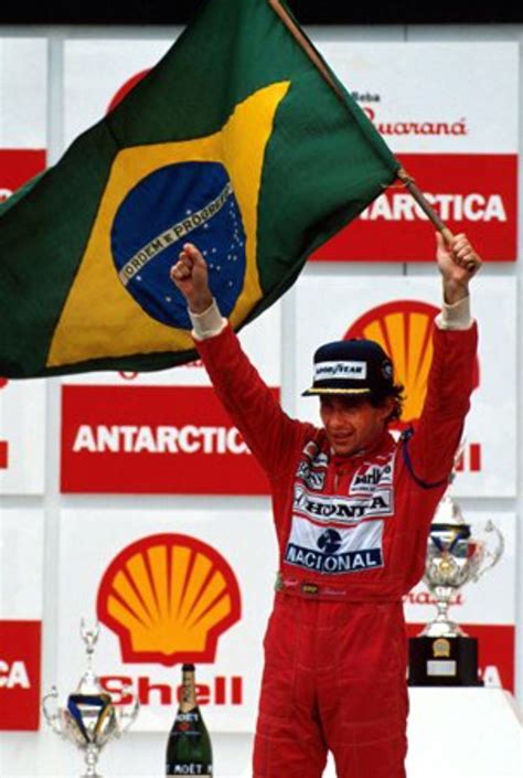 Race Winner Ayrton Senna Celebrates On The Podium Brazilian Grand Prix