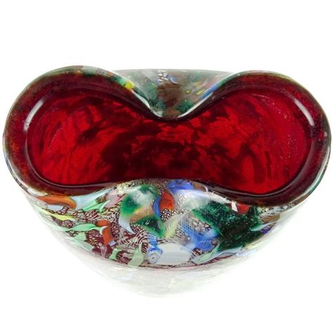Vintage Mid Century Avem Murano Red Millefiori Silver Flecks Ribbon Italian Glass Flower Vase