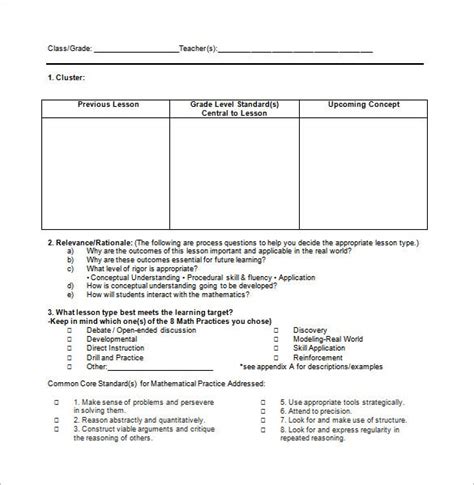 Common Core Lesson Plan Template 8 Free Word Excel Pdf Format