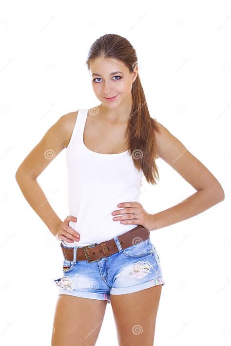 Beautiful Cheerful Teen Girl In Blue Jean Shorts Stock Photo Image Of