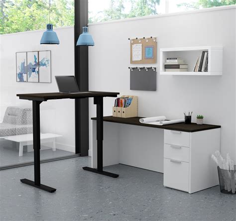Deep Gray And White Modern L Shaped Desk With Height Adjustable Side