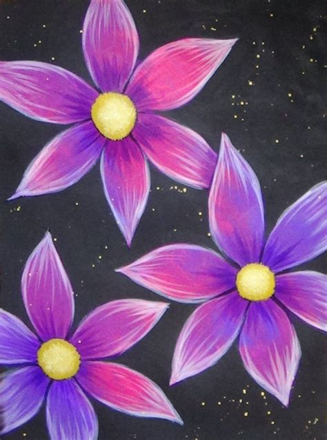 Simple Purple And Pink Flowers Acrylic Painting On A Black Background