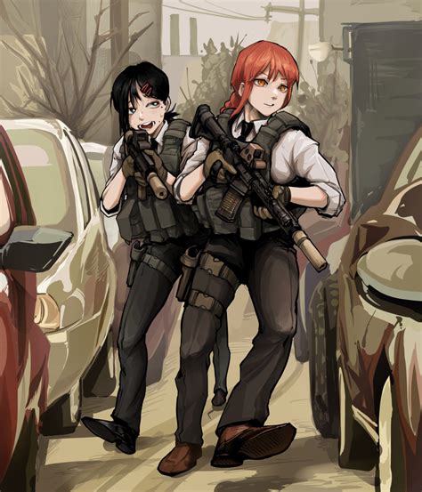 Safebooru 2girls Absurdres Ammunition Pouch Assault Rifle Black Hair Bulletproof Vest Car
