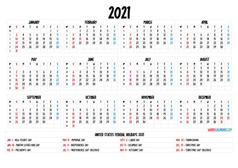 Printable 2021 Yearly Calendar 6 Templates