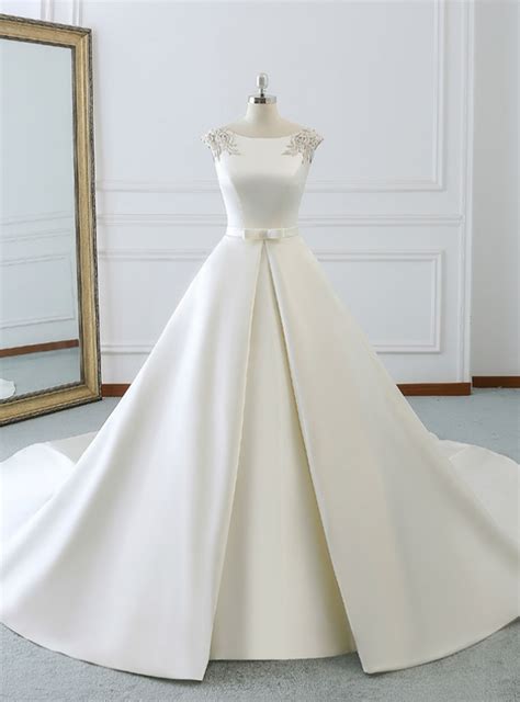 White Satin Cap Sleeve Backless Wedding Dress With Pearls In 2020