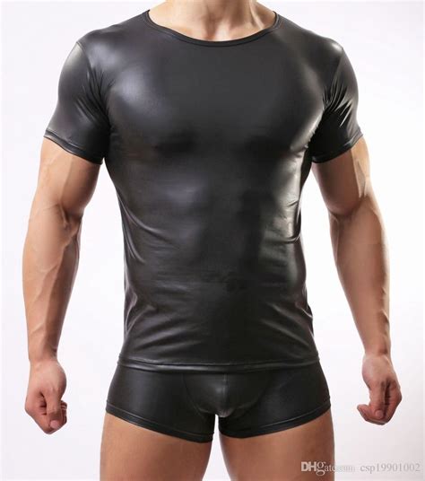 Sexy Mens Black Faux Leather Tops Mens Tight T Shirts Hot Tops Tees