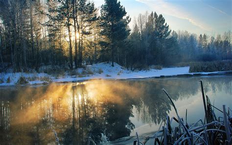 Winter Morning River Snow Trees Sun Rays Wallpaper Nature And