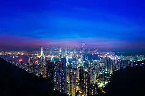 Night Aerial View Panorama Of Hong Kong Skyline And Victoria Harbor