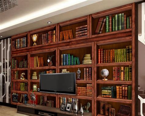 Beibehang 3d Wallpaper Living Room Bookshelf Bookcase Tv