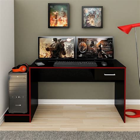 Mesa Para Computador Gamer 1 Gaveta Preto Acetinado Vermelho Maiart