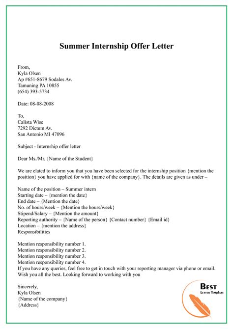 3 Free Internship Offer Letter Template Sample And Example