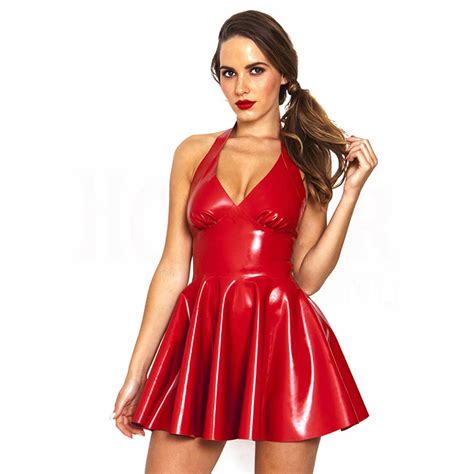 Wetlook Leather Dress Women Red Black Shiny Pvc Latex Dress Night Clubwear Sexy Halter Side Zip