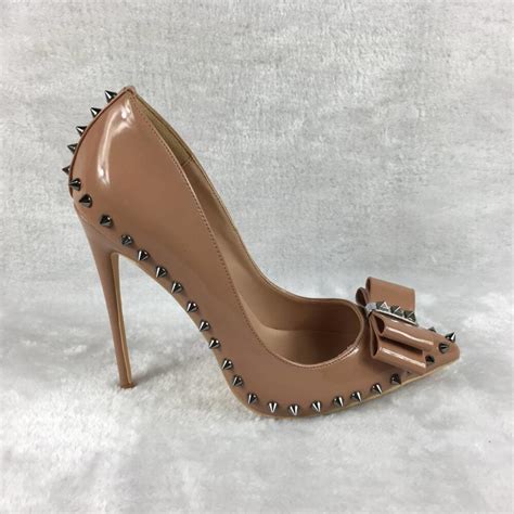 On Sale Nude Color Rivets High Heels Patent PU Leather Exclusive Brand