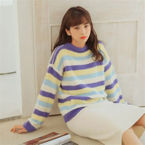 Womens Sweaters Japanese Harajuku Ulzzang Casual Faux Velvet Striped Sweater Female Korean