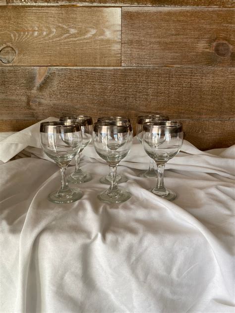Mercury Glass Wine Glasses Silver Rim Wine Glass Barware Glass Set Of Six Vintage Silver