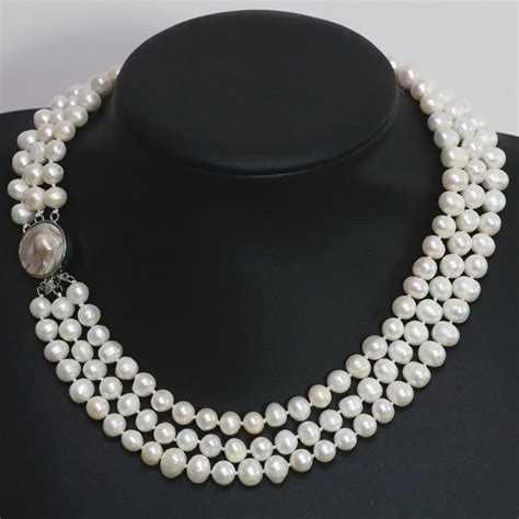 Beautiful White Natural Freshwater Pearl 3 Rows Necklace Round Beads 7