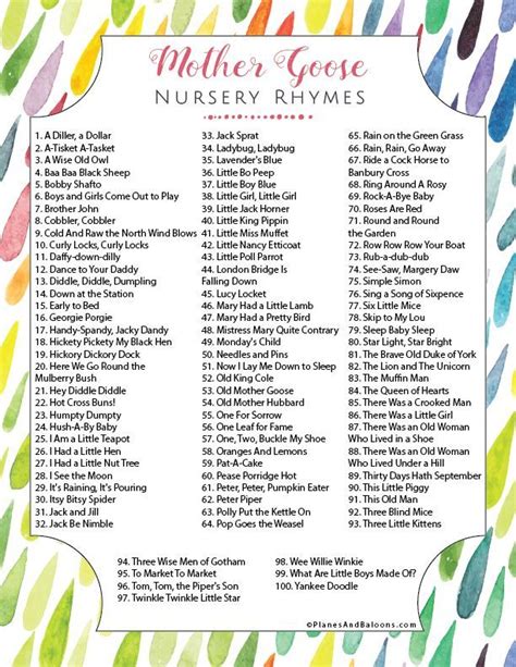 Mother Goose Nursery Rhymes A List Of Best 100 Nursery Rhymes