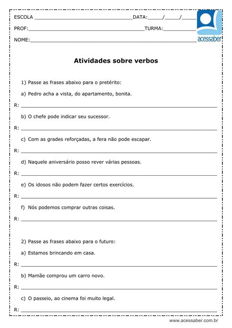 Atividade de português Verbos 4º ou 5º ano